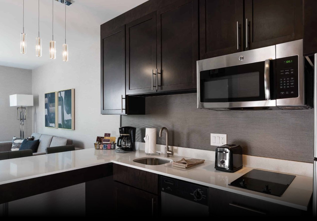 Hospitality Kitchen Appliances including microwave, toaster, coffee maker, stove top, dishwasher