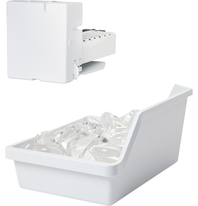 GE IM4D Icemaker in white with ice bucket, fill tube, water valve, installation materials and hardware