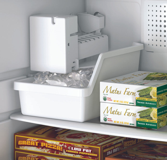 GE IM4D Icemaker in white with ice bucket, fill tube, water valve, installation materials and hardware