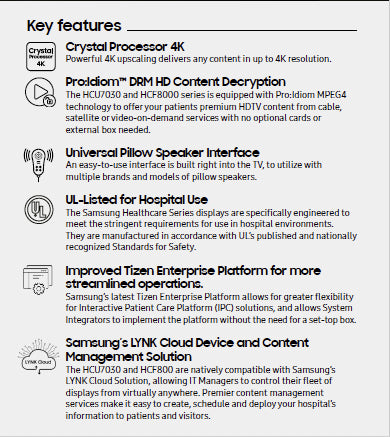 Samsung 32HCF800  32" 4K Healthcare TV with Universal Pillow Speaker Interface and Pro:Idiom