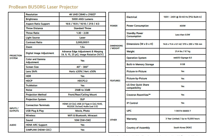 LG ProBeam BU50RG 5000 Lumen 4K UHD Laser Projector