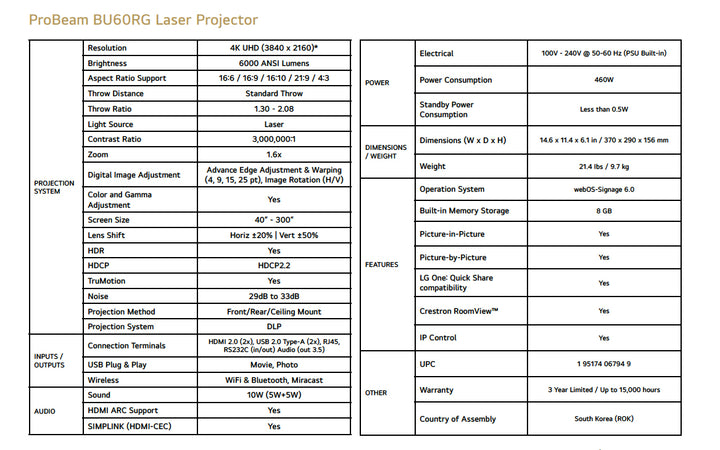LG ProBeam BU60RG ultra bright 6000 Lumen 4K UHD Laser Projector