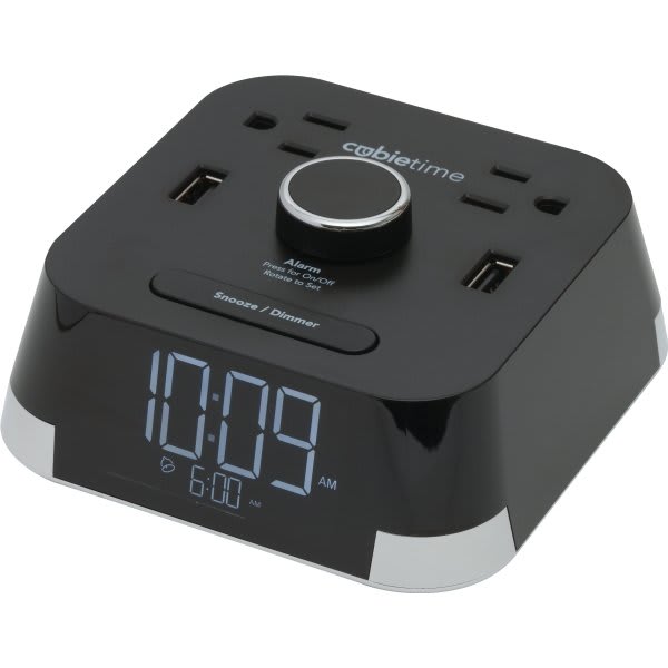 Brandstand BPECT CubieTime Alarm Clock with 2 USB, Power Outlets, Blk, 1-Year Warranty