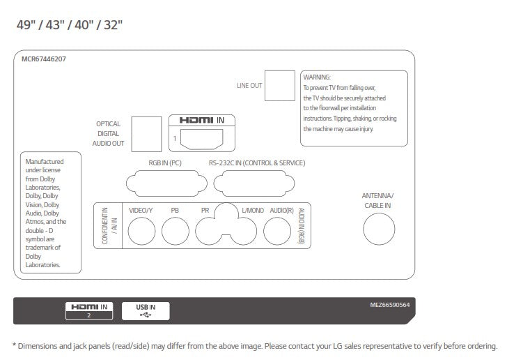 LG 32LT340H9 32" Commercial Grade LED TV Inputs