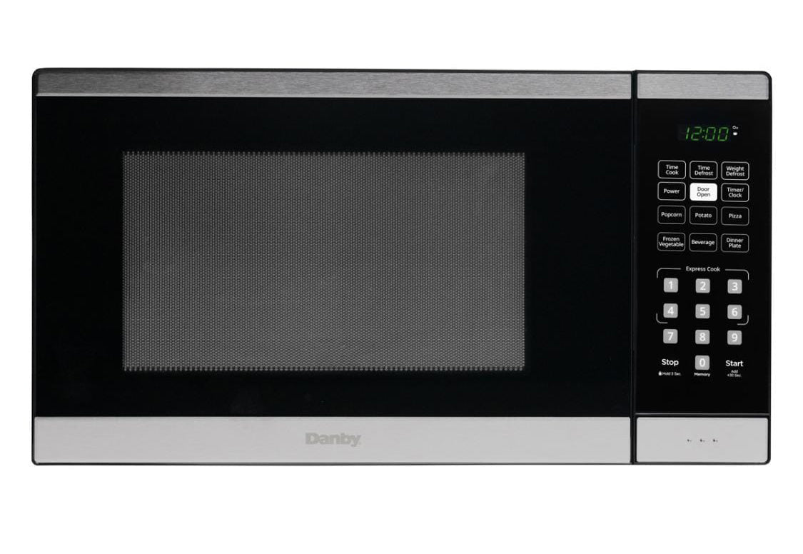 Danby DBMW1126BBS Countertop Microwave, 1.1 Cu. Ft., 900W, with 6 auto cook options and 1-Year Warranty in stainless steel