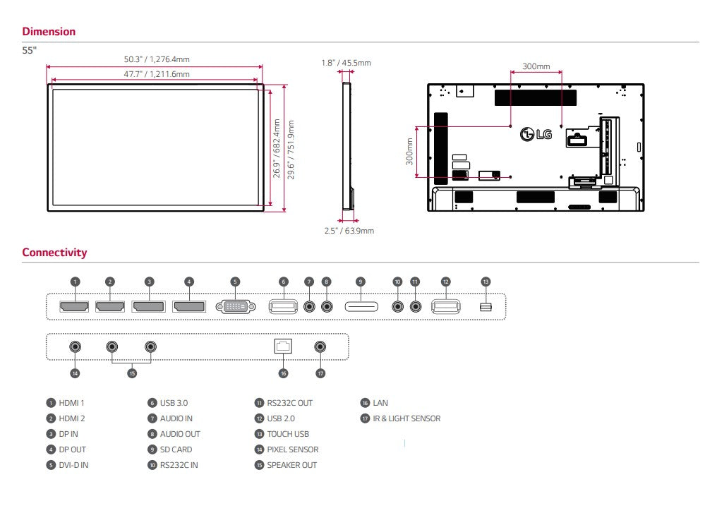 LG 55TC3CG-H 55” IPS UHD Multi Touch Screen Digital Display Dimensions and Connectivity Ports 