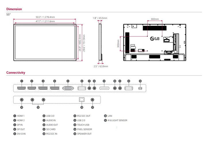 LG 55TC3CG-H 55” IPS UHD Multi Touch Screen Digital Display Dimensions and Connectivity Ports 
