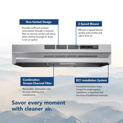 Broan 30-Inch Ductless BUEZ130SF Under-Cabinet Range Hood w/ Easy Install System, Stainless Finish