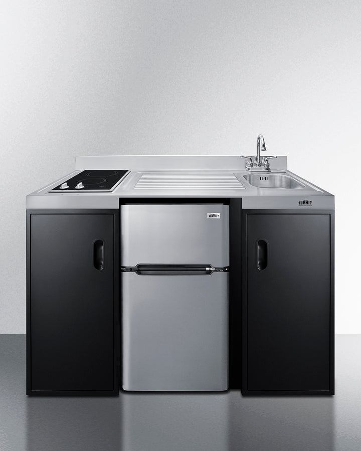 Summit CK55ADASINKR 54" all-in-one kitchenette ADA counter height, Induction cooktop, refrigerator-freezer, sink, and storage