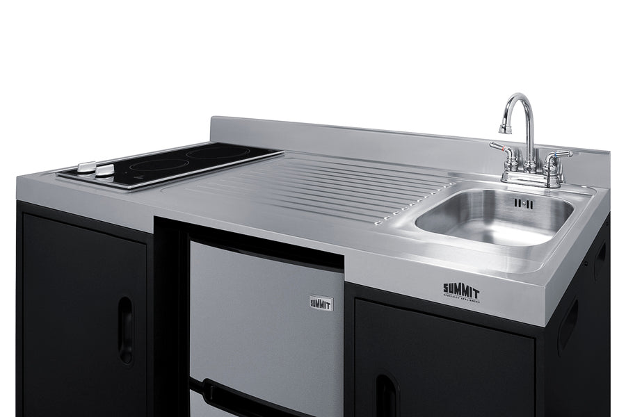 Summit CK55ADASINKR 54" all-in-one kitchenette ADA counter height, Induction cooktop, refrigerator-freezer, sink, and storage