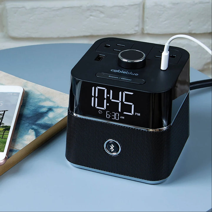 Brandstand BPEBL CubieBlue Alarm Clock with 2 USB, Power Outlets, BT, 1-Year Warranty
