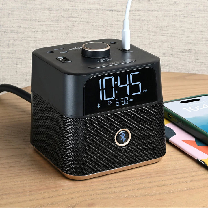 Brandstand BPEBL CubieBlue Alarm Clock with 2 USB, Power Outlets, BT, 1-Year Warranty