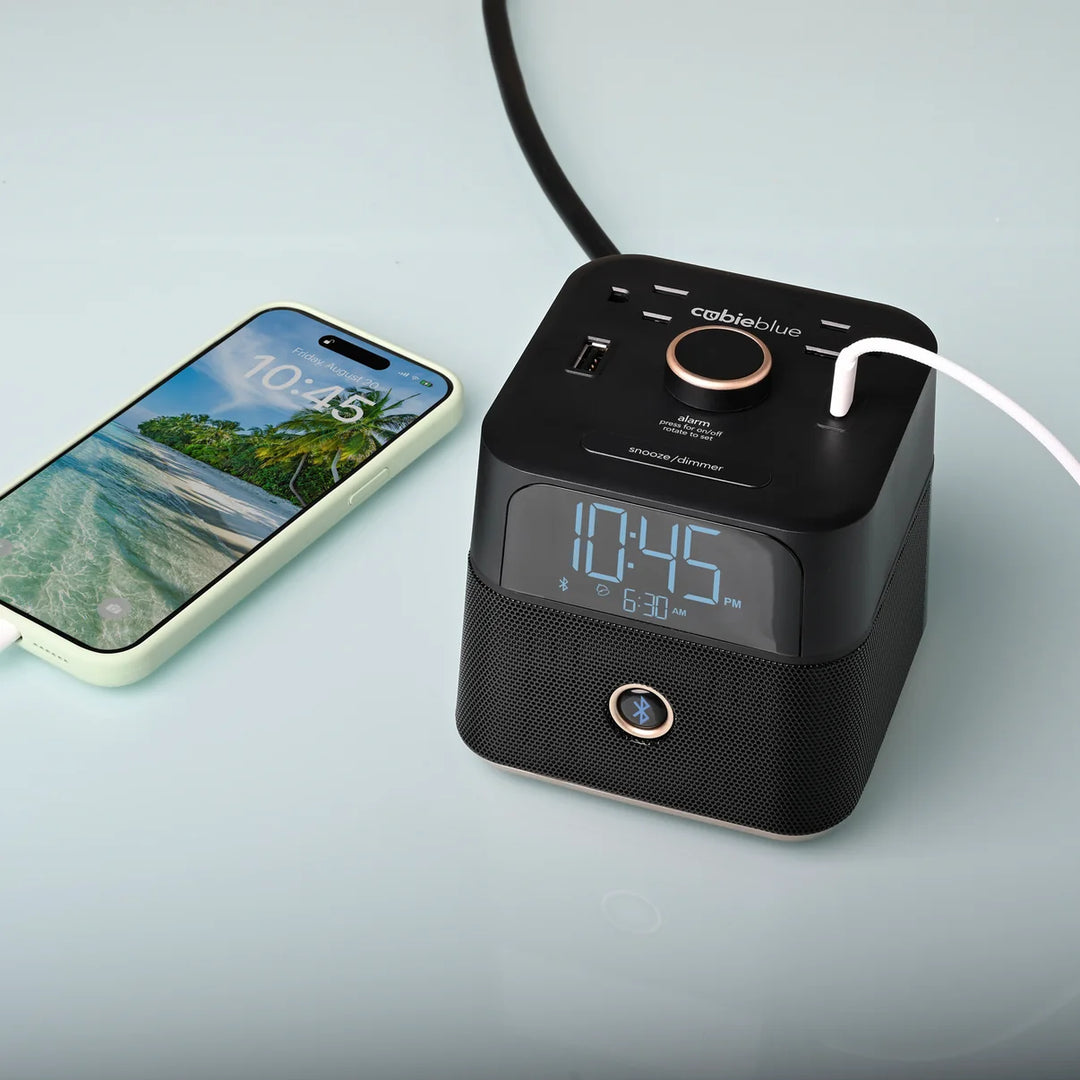 Brandstand BPEBL CubieBlue Alarm Clock with 2 USB, Power Outlets, BT, 1-Year Warranty