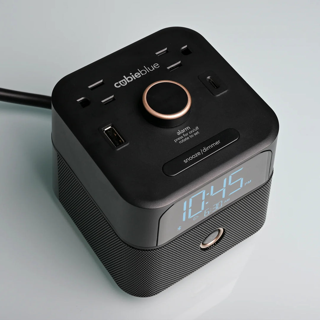 Brandstand BPEBL CubieBlue Alarm Clock with 2 USB, Power Outlets, BT, 1-Year Warranty