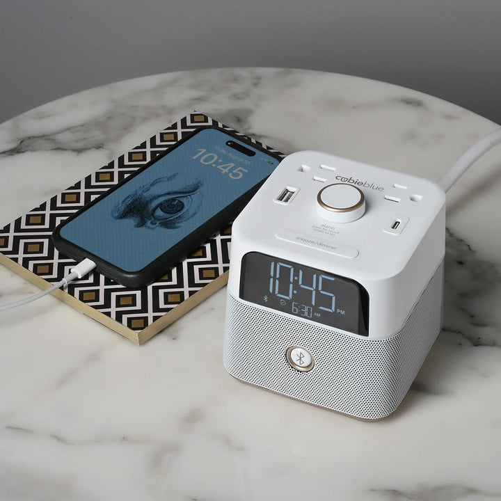 Brandstand BPEBL CubieBlue Alarm Clock with 2 USB, Power Outlets, BT, 1-Year Warranty