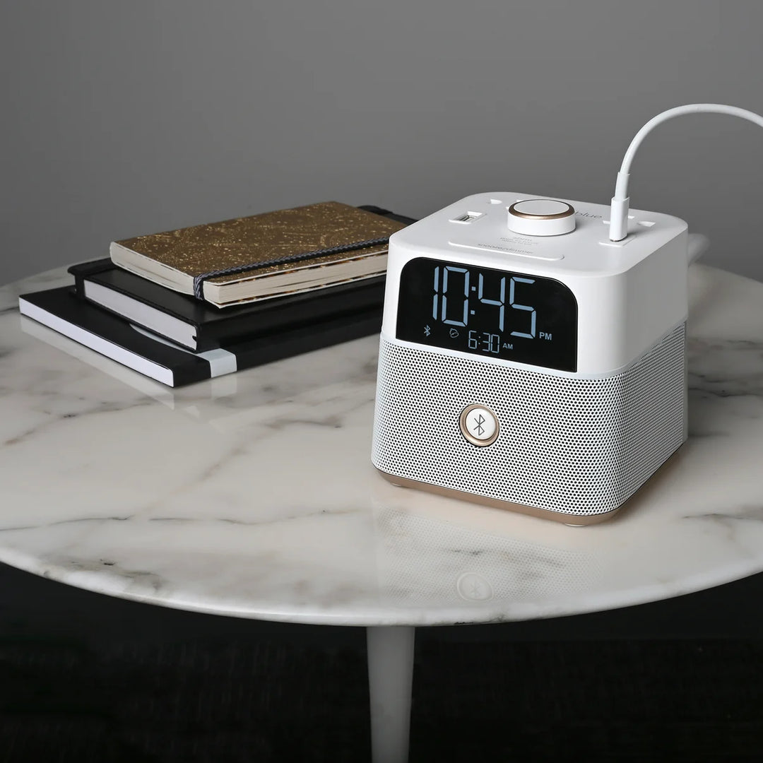 Brandstand BPEBL2W CubieBlue Alarm Clock in White with 2 USB, Power Outlets, BT, 1-Year Warranty
