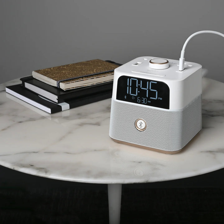Brandstand BPEBL2W CubieBlue Alarm Clock in White with 2 USB, Power Outlets, BT, 1-Year Warranty