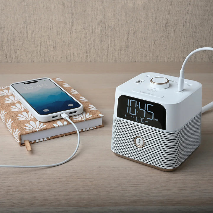 Brandstand BPEBL2W CubieBlue Alarm Clock in White with 2 USB, Power Outlets, BT, 1-Year Warranty