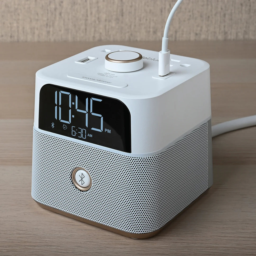 Brandstand BPEBL CubieBlue Alarm Clock with 2 USB, Power Outlets, BT, 1-Year Warranty