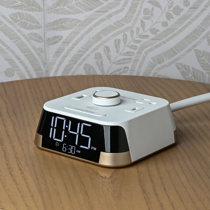 Brandstand BPECT CubieTime Alarm Clock with 2 USB, Power Outlets, Wht, 1-Year Warranty