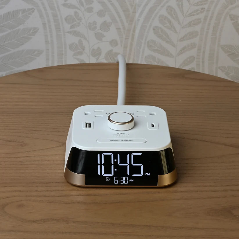 Brandstand BPECT CubieTime Alarm Clock with 2 USB, Power Outlets, Wht, 1-Year Warranty