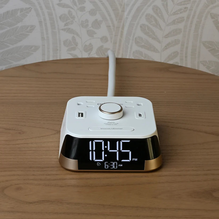 Brandstand BPECT CubieTime Alarm Clock with 2 USB, Power Outlets, Wht, 1-Year Warranty