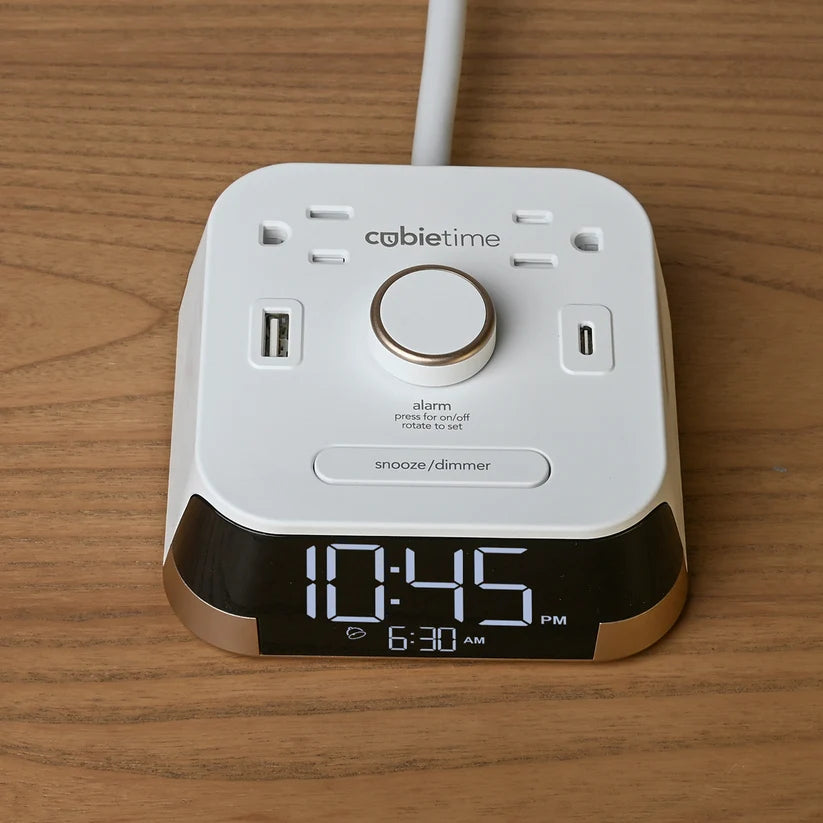 Brandstand BPECT CubieTime Alarm Clock with 2 USB, Power Outlets, Wht, 1-Year Warranty
