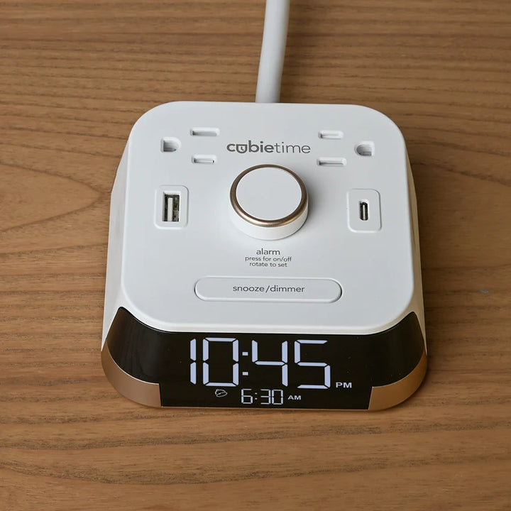 Brandstand BPECT CubieTime Alarm Clock with 2 USB, Power Outlets, Wht, 1-Year Warranty