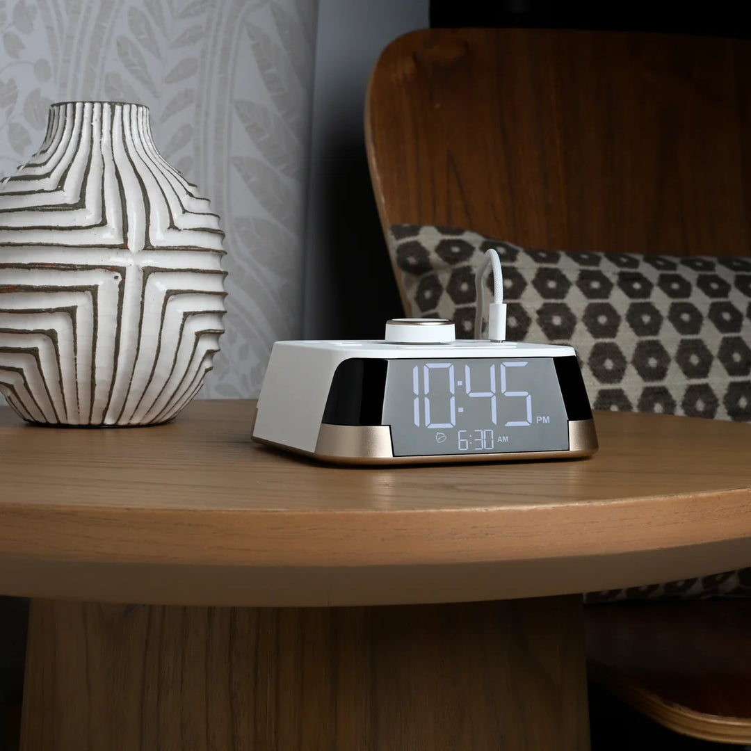 Brandstand BPECT CubieTime Alarm Clock with 2 USB, Power Outlets, Wht, 1-Year Warranty