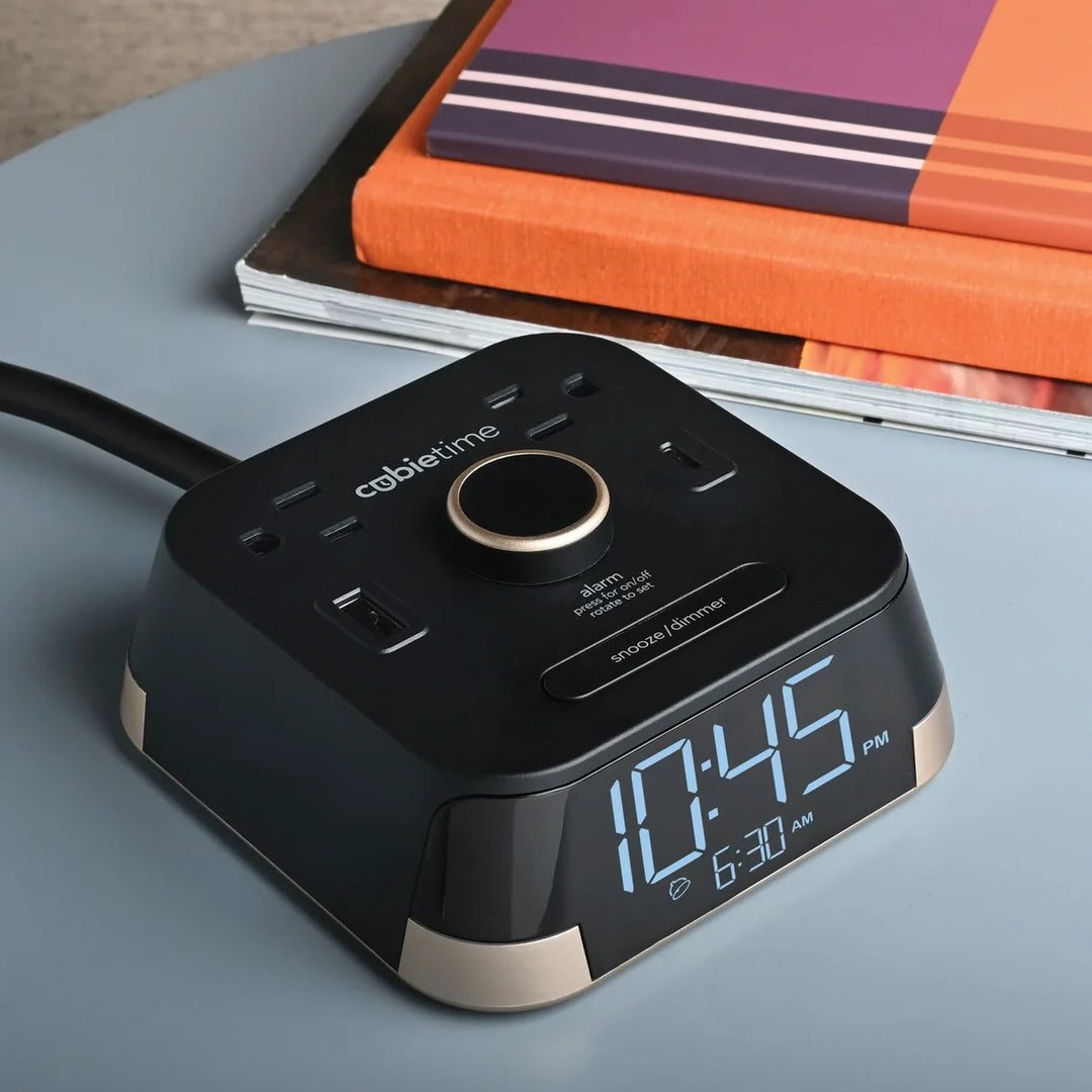 Brandstand BPECT CubieTime Alarm Clock with 2 USB, Power Outlets, Blk, 1-Year Warranty