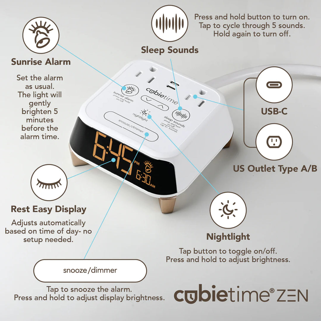 Brandstand CubieTime Zen Simple Single Alarm Clock with 2 USB-C Charging Ports and 2 100 Power Outlets