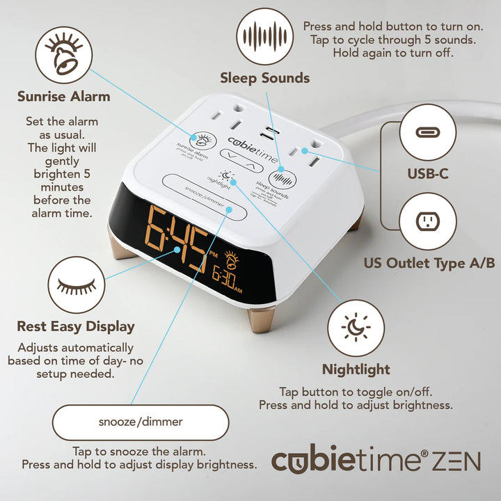 Brandstand CubieTime Zen Simple Single Alarm Clock with 2 USB-C Charging Ports and 2 100 Power Outlets