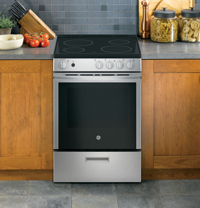 GE JAS640RMSS - 24" Free-Standing/Slide-in Front Control Range with Steam Clean, ceramic glass cooktop and large window