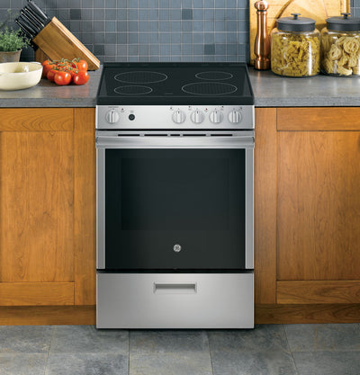 GE JAS640RMSS - 24" Free-Standing/Slide-in Front Control Range with Steam Clean, ceramic glass cooktop and large window