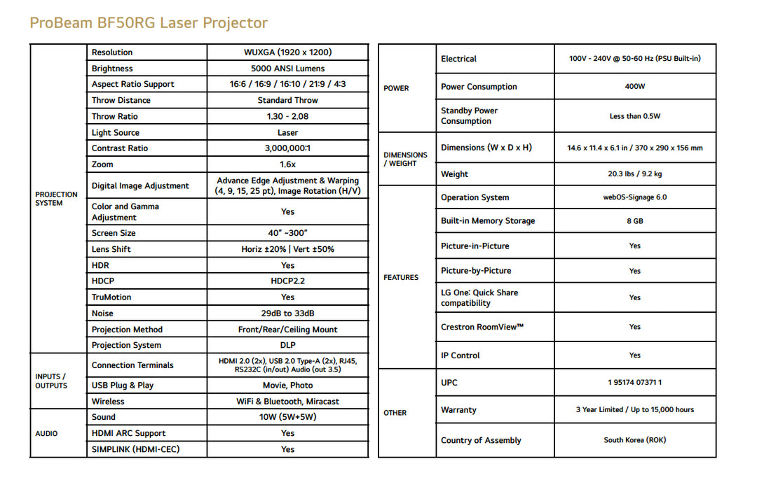 LG ProBeam BF50RG 5000 Lumen mercury-free HD Laser Projector thats virtually maintenance-free
