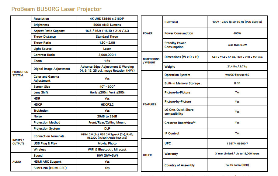 LG ProBeam BU50RG 5000 Lumen 4K UHD Laser Projector