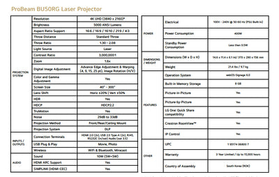 LG ProBeam BU50RG 5000 Lumen 4K UHD Laser Projector