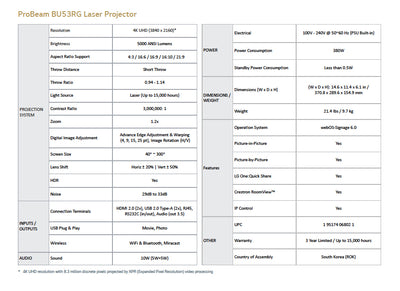 LG ProBeam BU53RG 5000 Lumen 4K UHD Laser Projector with Installation Flexibility