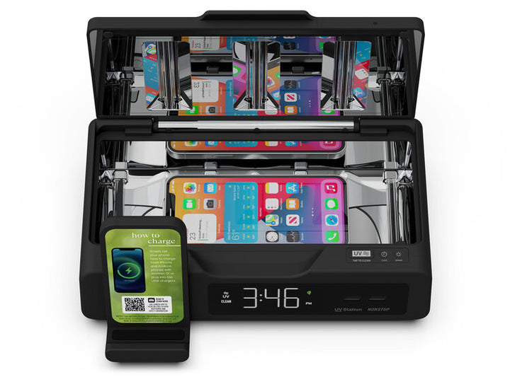 Nonstop NSUV-BK Clock with 2 USB, UV Sterilizing, Wireless Charging, 1-Year Warranty