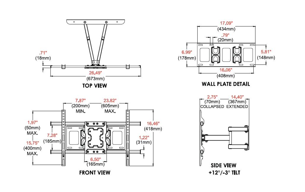 Peerless TVA775 Full-Motion Tilting Wall Mount for Displays 50"-75"+