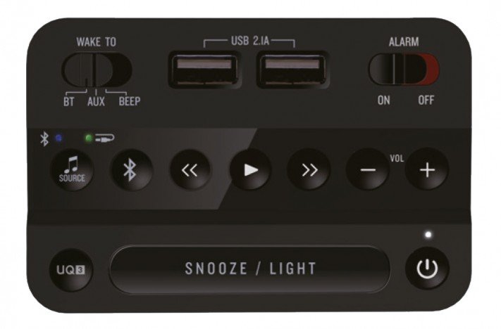 Teleadapt TA-14H-BK SoundRise Black Alarm Clock with 2 USB, Bluetooth, 1-Year Warranty
