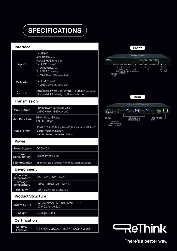 Rethink RAV-SW-4x1HU-VC with 3xHDMI and 1xUSB-C Conference Room Video 4k Smart Auto Switcher