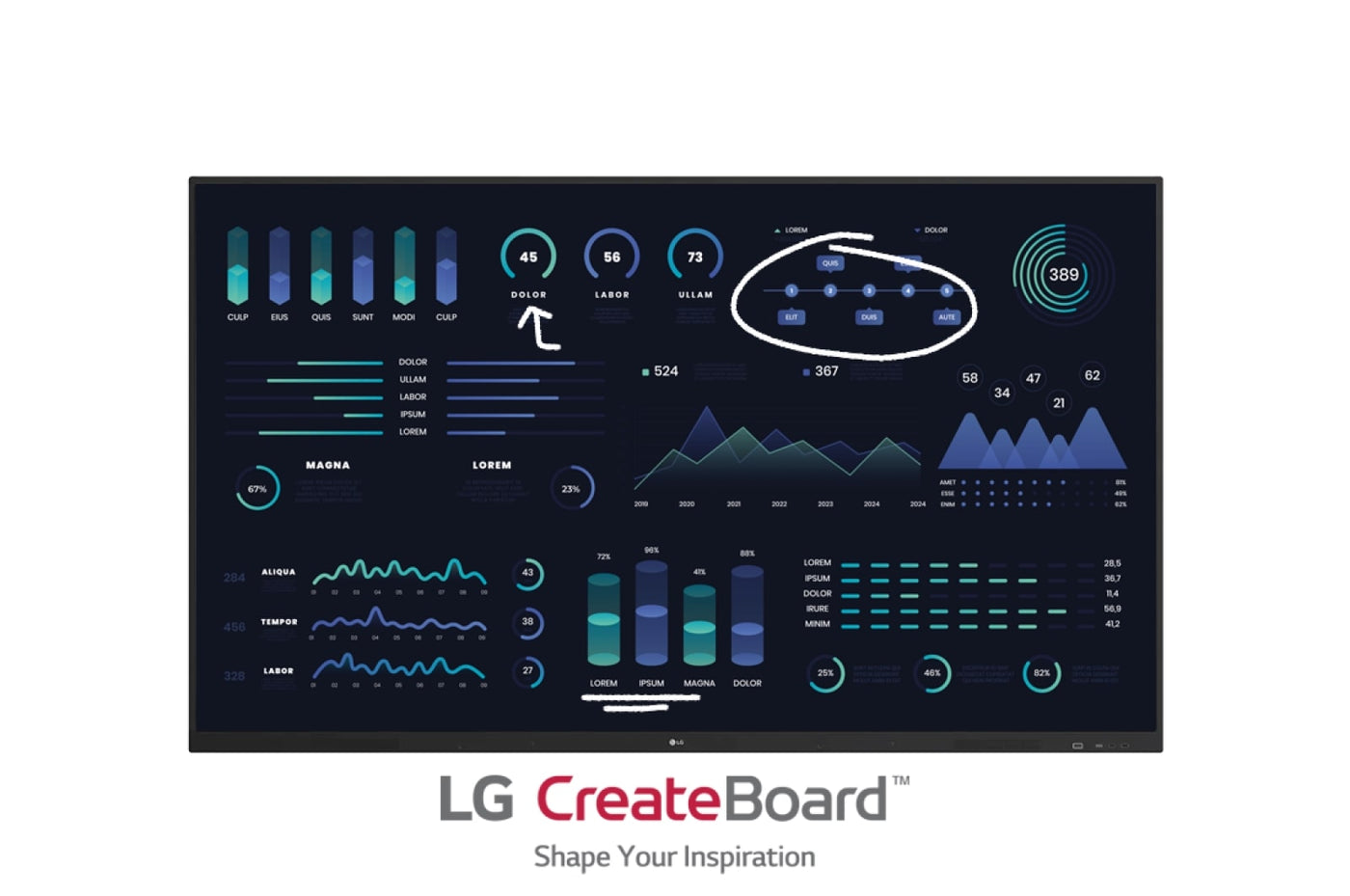 LG 65TR3DJ-B 65" CreateBoard™ IPS UHD IR Multi Touch Interactive Whiteboard Front View Display On with Content