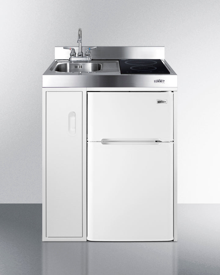 Summit C30IND 30" all-in-one kitchenette with 2-Burner Induction Cooktop, 2-door refrigerator-freezer, sink, and storage cabinet