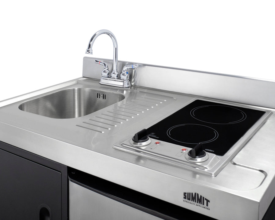 Summit CK36ELGLASS 36" all-in-one kitchenette with 2-burner cooktop, 2-door refrigerator-freezer, sink, and storage cabinet in black and stainless