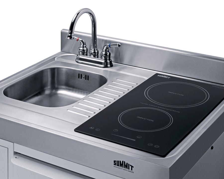 Summit C30IND 30" all-in-one kitchenette with 2-Burner Induction Cooktop, 2-door refrigerator-freezer, sink, and storage cabinet