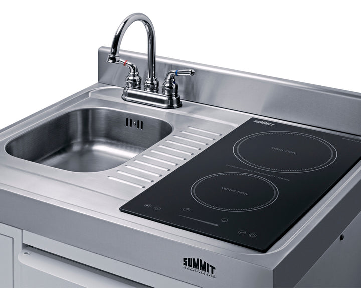 Summit C30IND 30" all-in-one kitchenette with 2-Burner Induction Cooktop, 2-door refrigerator-freezer, sink, and storage cabinet