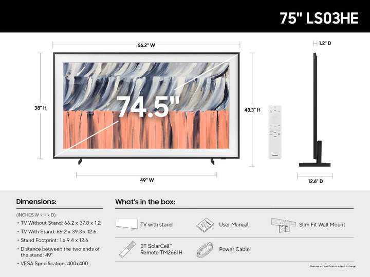Samsung 75" The Frame LS03HE 4K Vision AI Smart TV with Neo QLED panel, a glare-free matte display and customizable bezel color