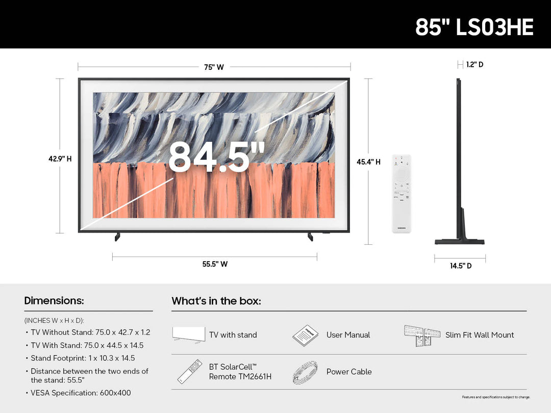 Samsung 85" The Frame LS03HE 4K Vision AI Smart TV with Neo QLED panel, a glare-free matte display and customizable bezel color