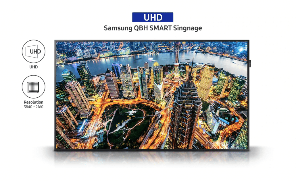 Samsung QB75H 75″ QBH series, 4K UHD Signage Display with Embedded Media Player, 300 Nits, 16/7, 3 Year Warranty